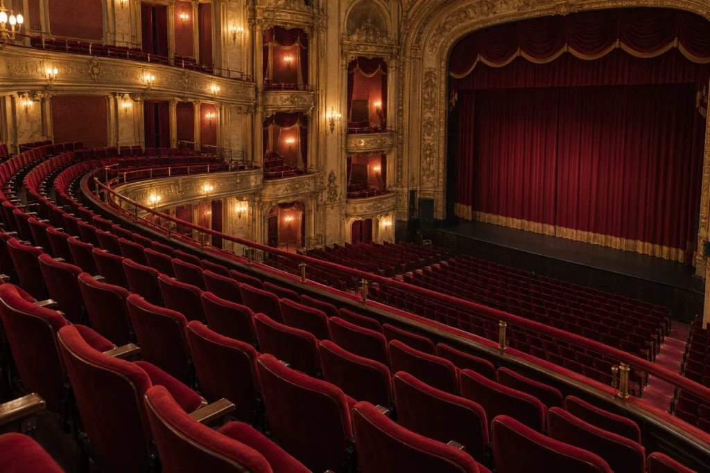 Sweeping curved rows of red velvet seats viewed from a box