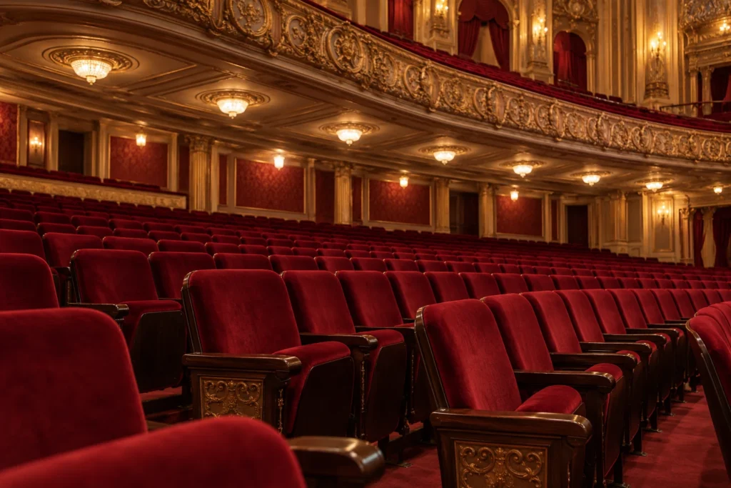 Playhouse balcony and orchestra re-covered in red velvet