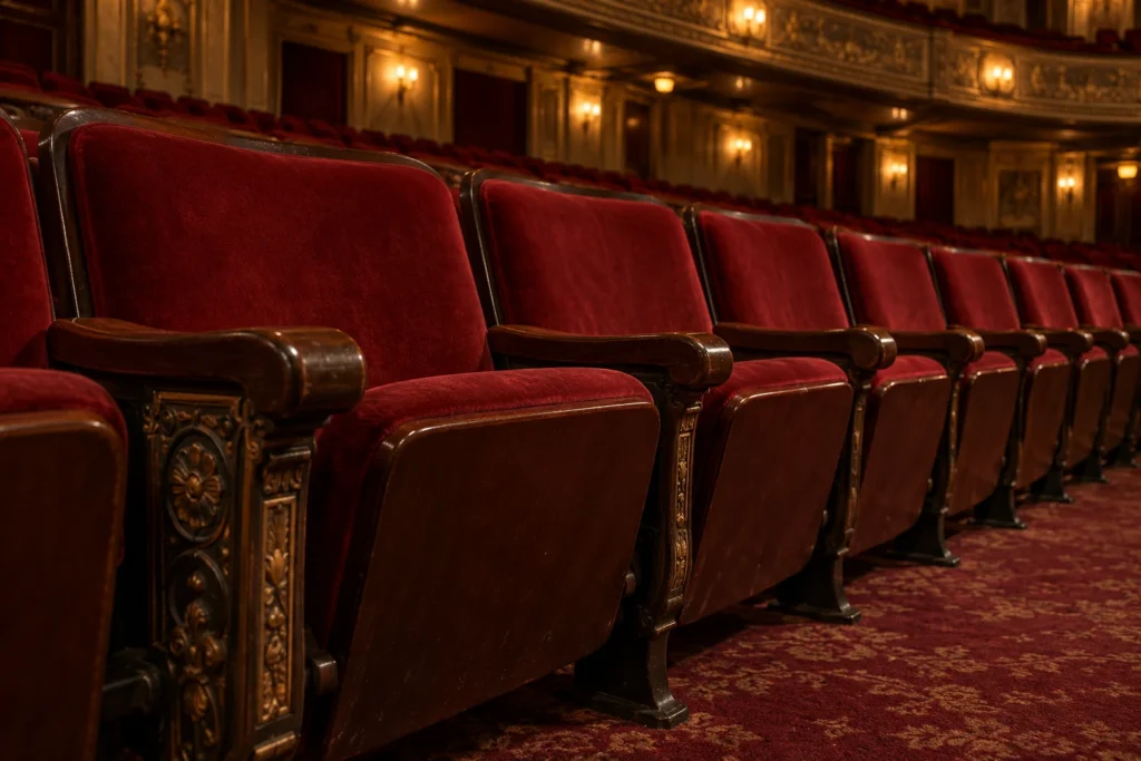 Row of worn velvet theater chairs