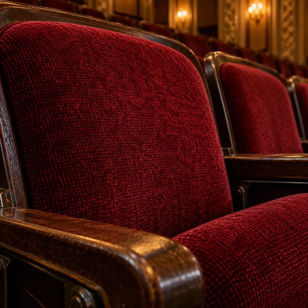 Bald arms on velvet theater chairs