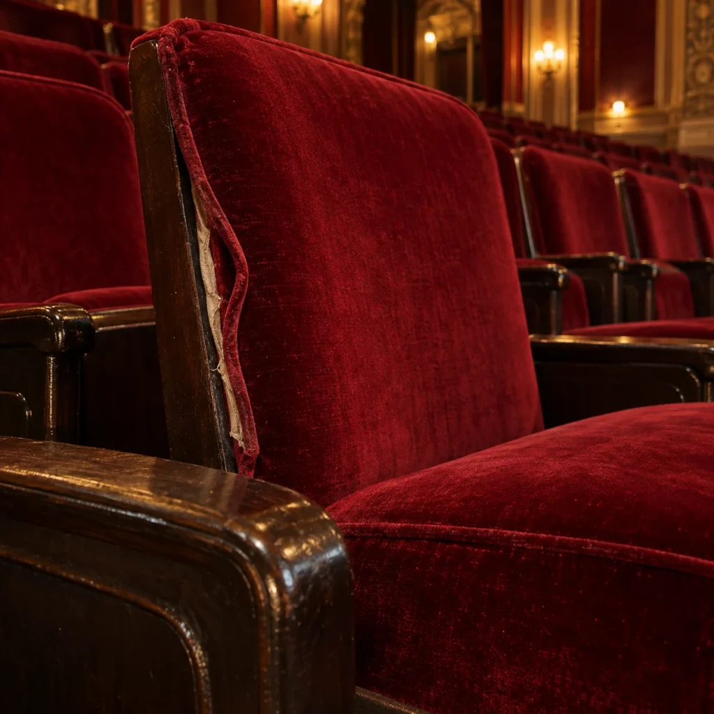 Open seams on velvet theater chairs