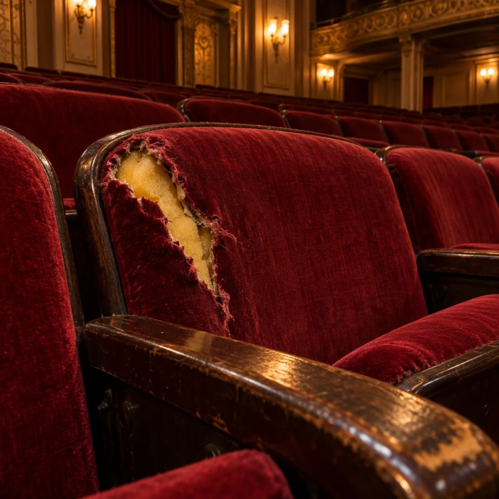 Ripped backs on velvet theater chairs