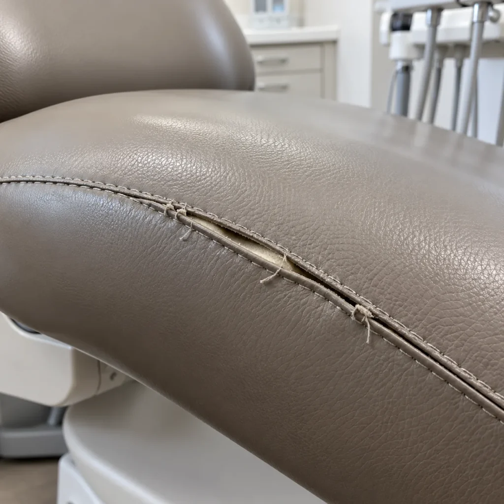 A seam pulling open on a taupe dental chair pad