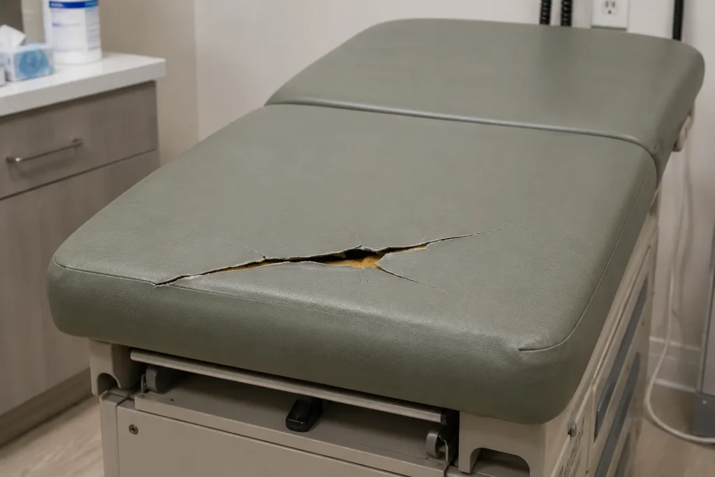 Ripped front on an exam table top