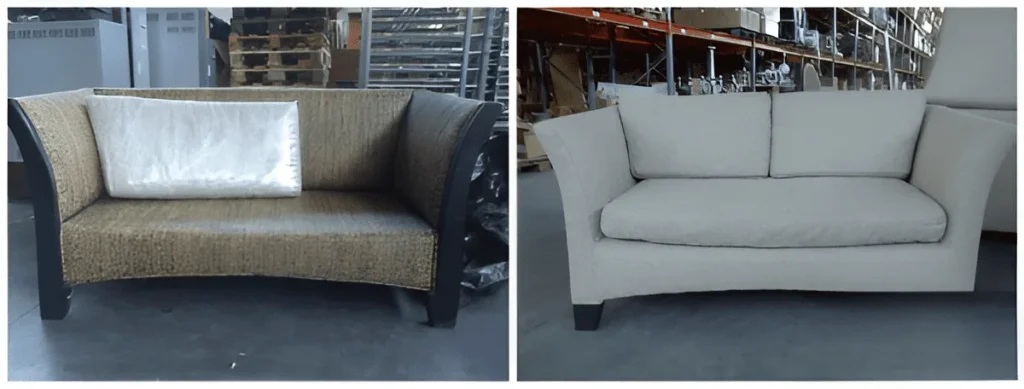 A sofa before and after it was recovered in cream fabric