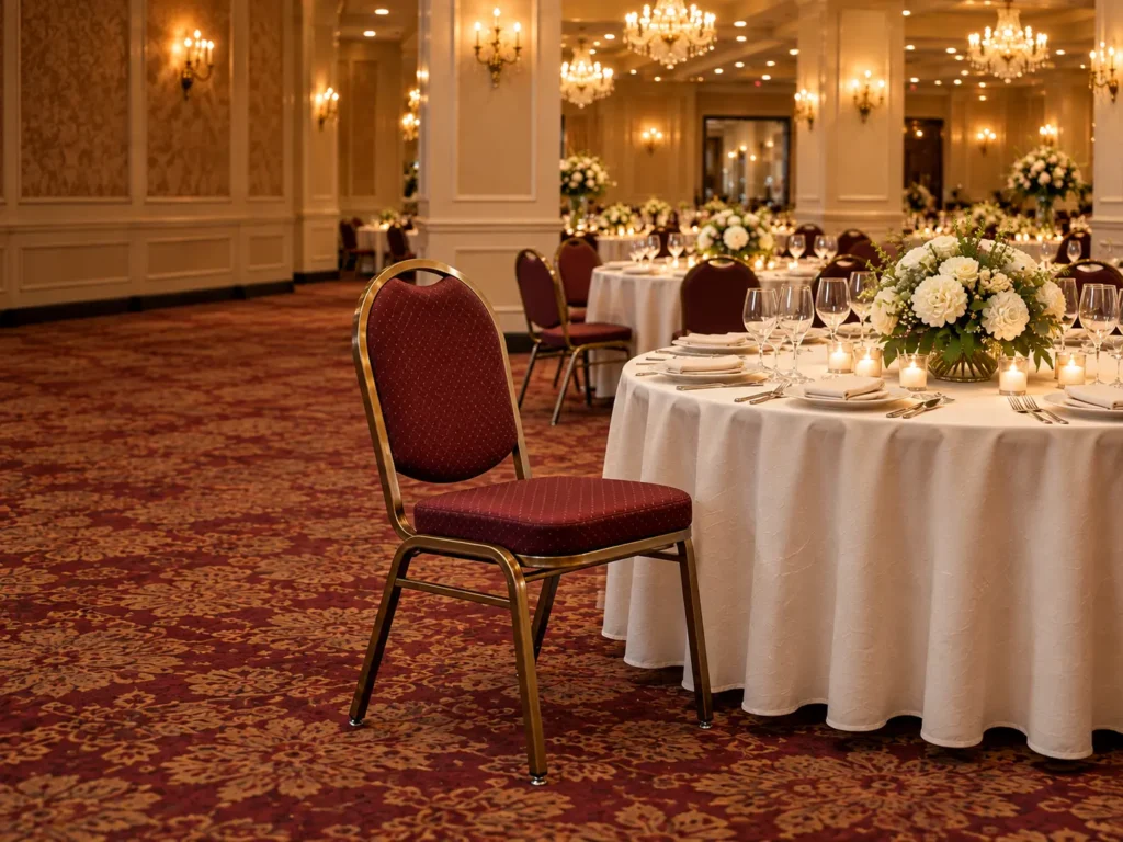 A burgundy banquet chair beside a set ballroom table