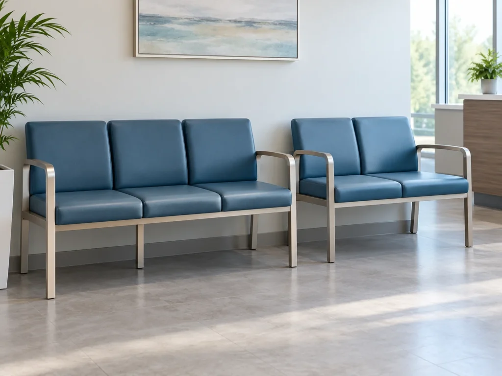 A blue vinyl waiting bench