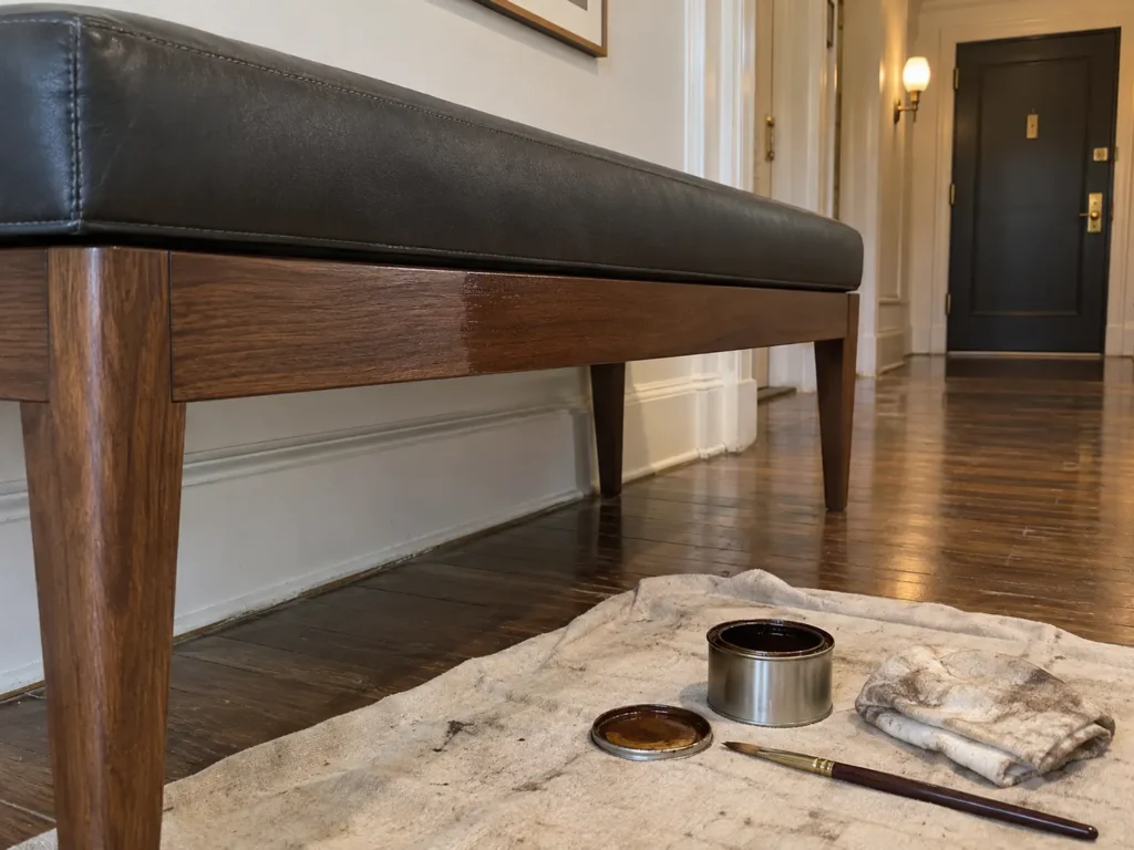 A wood bench frame after touch-up