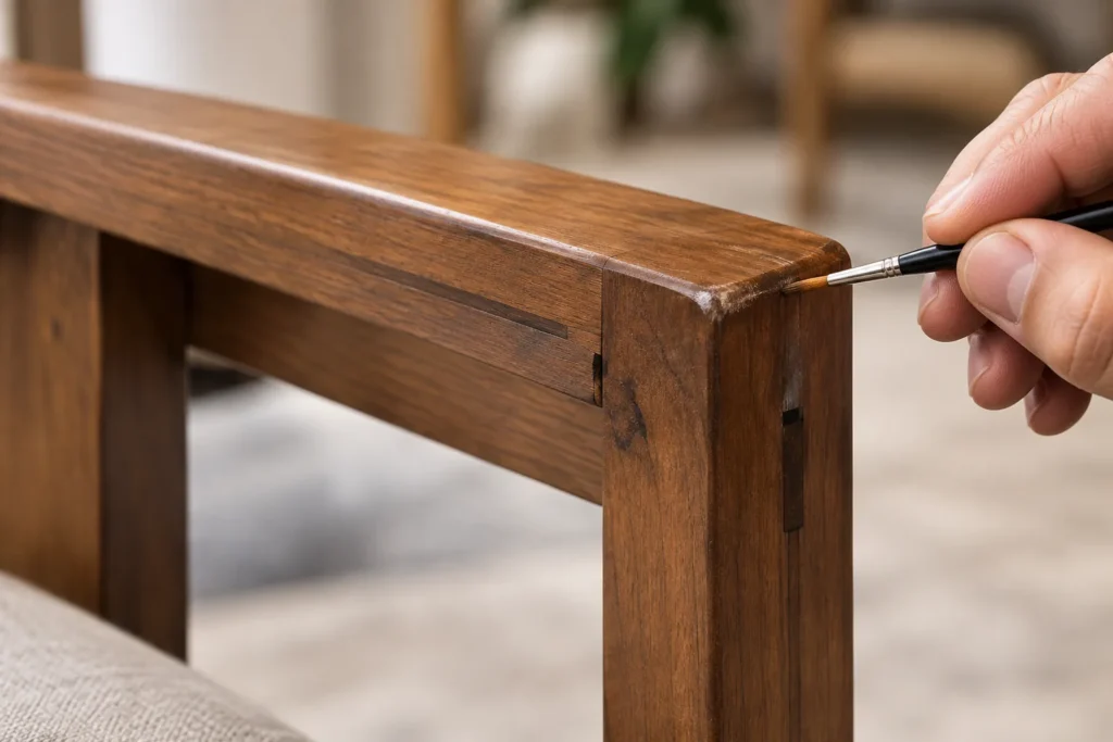 A brush touching up a wood frame