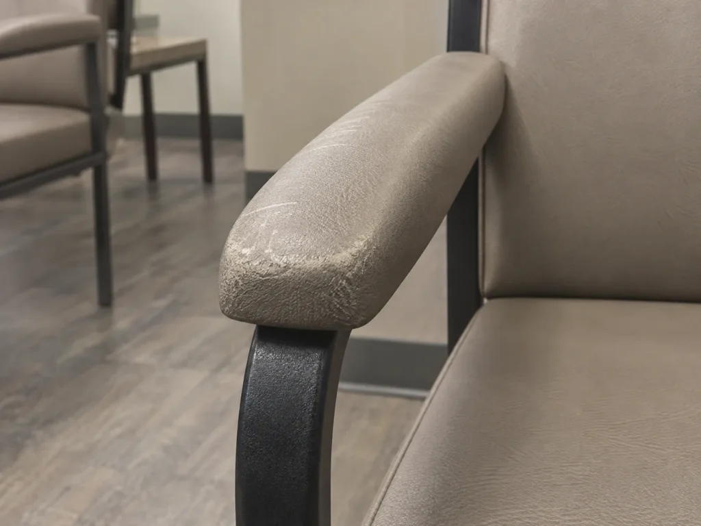 Rubbed arm cap on a clinic lobby chair
