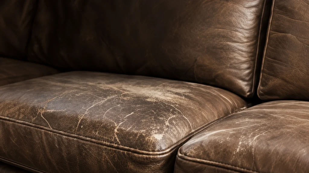 Scuffed, tired seat on a brown leather sectional