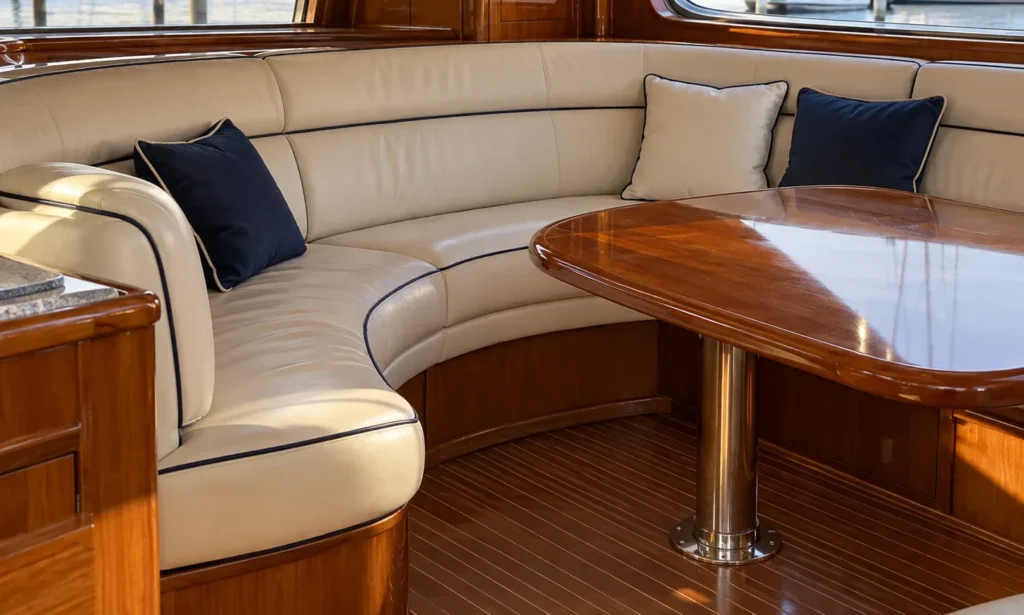 Saloon seating among teak joinery below deck