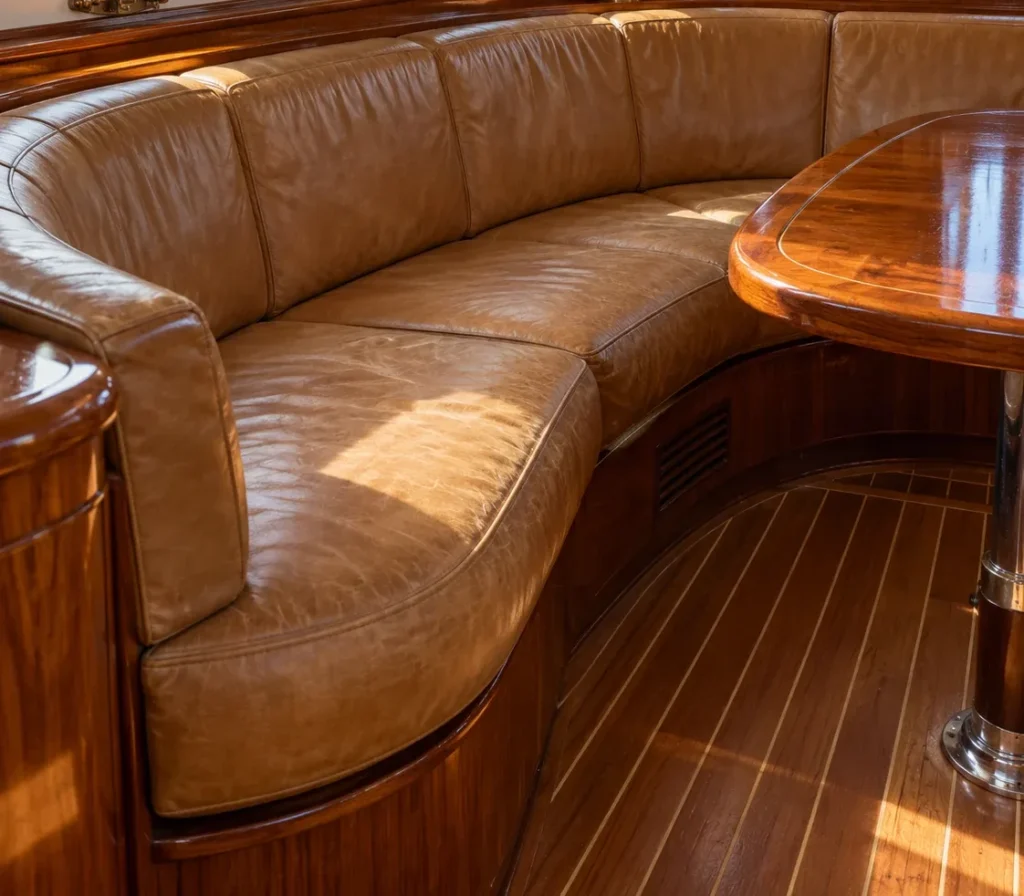 A yacht saloon settee in faded leather